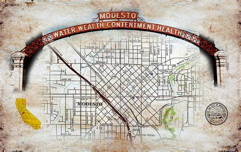 Map Of Downtown Modesto California And The Modesto Arch On Old Paper