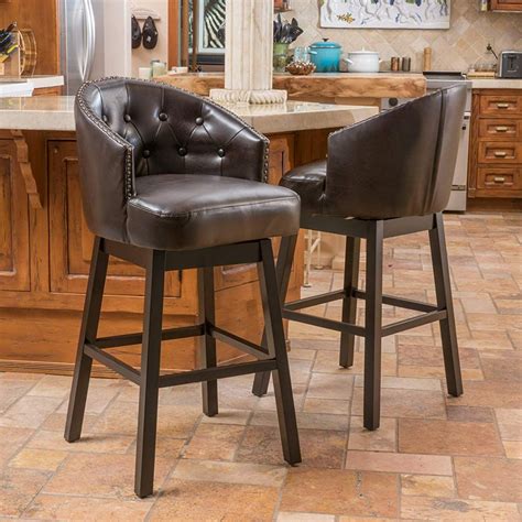 Leather Swivel Barstool With Studded Accents In Brown Leather