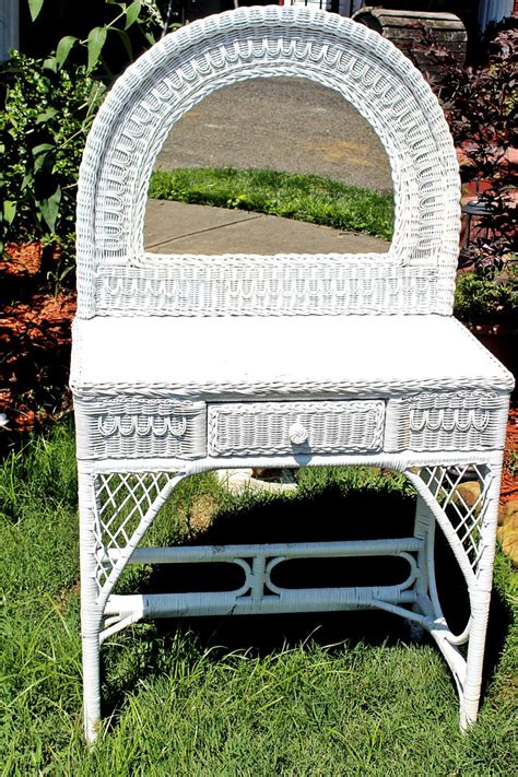 Bringing in contemporary chic to your bathroom, this beautiful vanity. Vintage White Wicker Vanity, with Mirror, Table, White ...