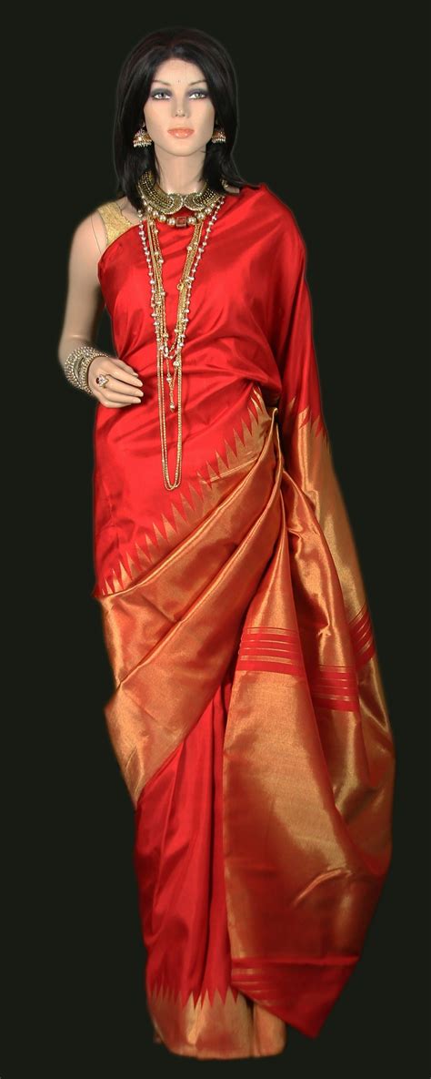 Red Kanjeevaram Saree With Rising Zari Gold Border Traditional Silk