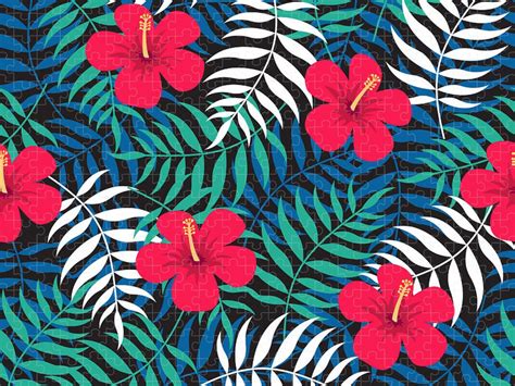 Tropical Floral Seamless Pattern With Jigsaw Puzzle By Ekaterina
