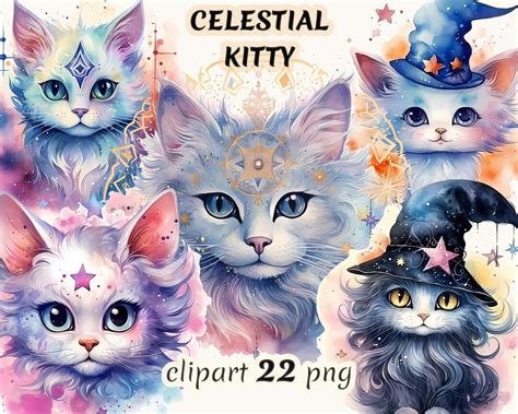Watercolor Celestial Kitty Clipart Magic Cat Clipart Etsy