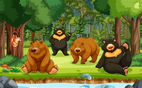 Group Of Bears In The Forest Scene 7144961 Vector Art At Vecteezy