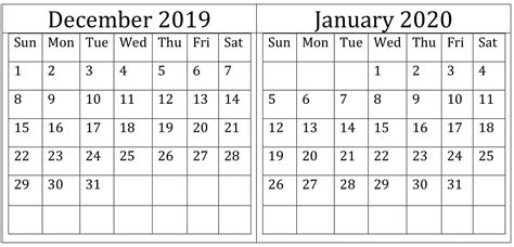 Free Download December January 2020 Calendar Excel Word Printable