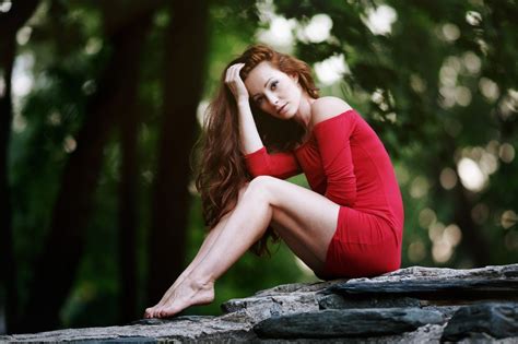 Wallpaper Sunlight Women Outdoors Redhead Model Long Hair Minidress Legs Sitting Red
