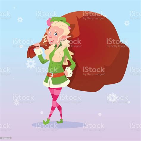 christmas elf girl cartoon character santa helper hold big present stock illustration download