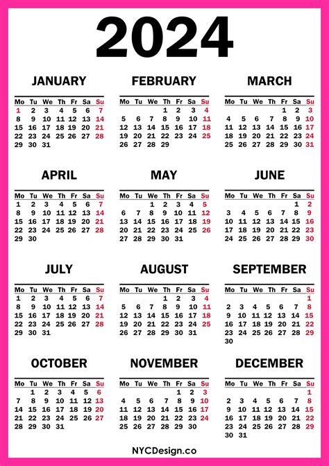 2024 Calendar Printable Free Pink Monday Start