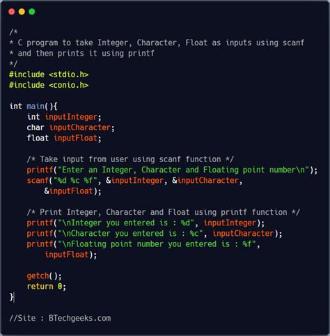 C Program For Input Output Of Integer Character And Floating Point