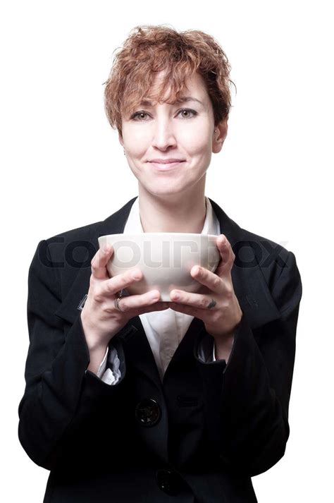 Smiling Success Short Hair Business Woman With Cup Stock Image Colourbox