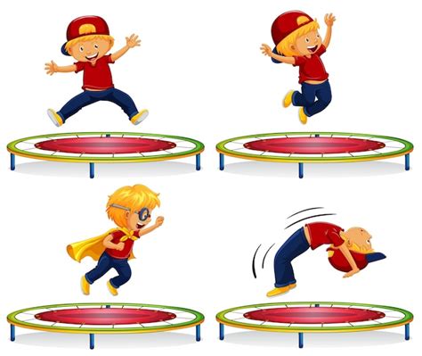 Premium Vector Illustration Of Happy Kids Jumping On Trampoline In