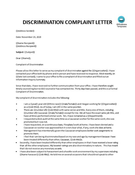 Formal Employee Discrimination Complaint Letter Templates At