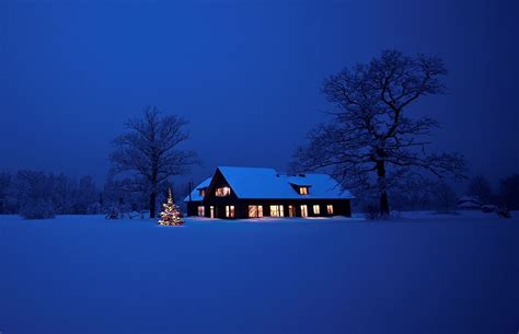 Photo Christmas Nature Winter Snow Night Time Houses New Year Night