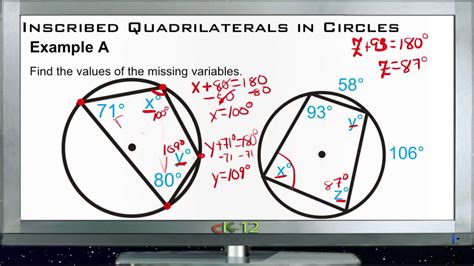 Example showing supplementary opposite angles in inscribed quadrilateral. Inscribed Quadrilaterals in Circles: Examples (Basic ...