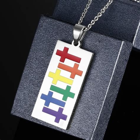 Buy Stainless Steel Gay Pride Square Rainbow Pendant Epoxy Statement Necklace