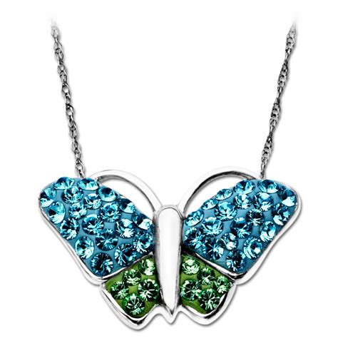 Sterling Silver Blue And Green Crystal Butterfly Necklace Swarovski
