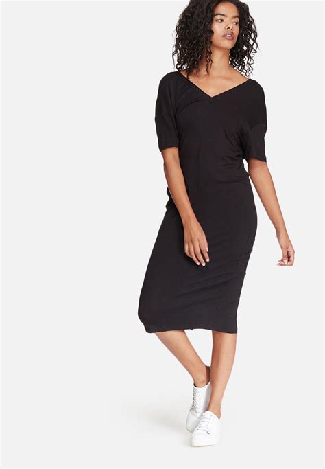 V Neck Midi Dress With Buttons Black Dailyfriday Casual