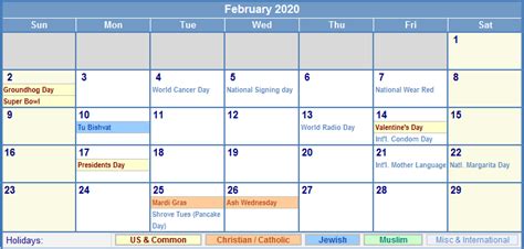 February 2020 Us Calendar With Holidays For Printing Image Format