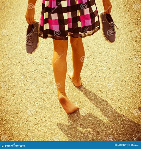 Girl Walking Barefoot Stock Image Image Of Concept Road 68624291