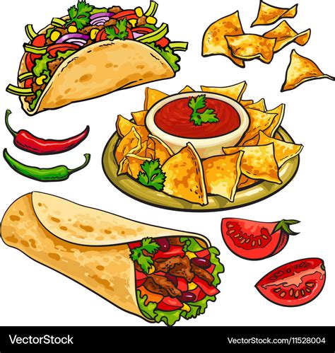 Set Of Traditional Mexican Food Burrito Taco Vector Image