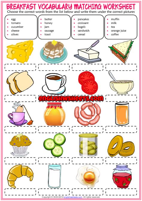 Illness worksheets,games resources,esl grammar games,english vocabulary games,language activity games,teaching english as a second language,classroom powerpoint games,vocabulary exercises,grammar exercises for kids,printables,phonics esl games for kids and young learners! Breakfast ESL Vocabulary Matching Exercise Worksheet