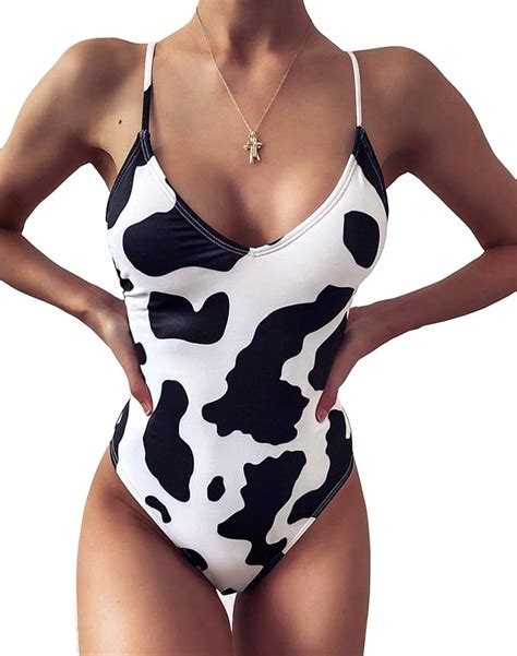 womens one piece cow print pattern high cut bodysuit swimsuit bikini my xxx hot girl