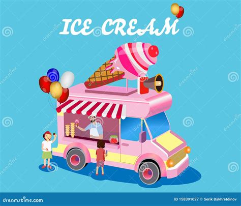 A Vector Illustration Of Kids Buying Ice Cream At An Ice Cream Stand