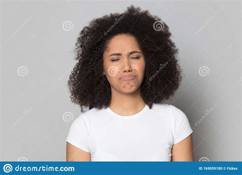 Upset Unhappy African American Millennial Lady Feeling Depressed Stock