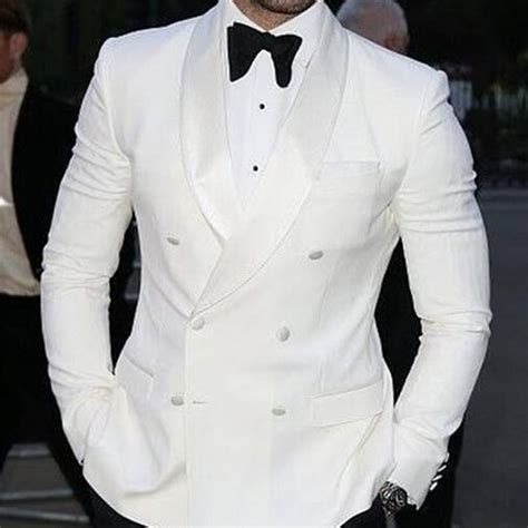 White Business Mens Suits Shawl Lapel Double Breasted Two