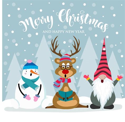 Premium Vector Christmas Card With Cute Gnome Reindeer And Snowman