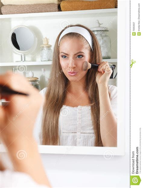 Beauty Woman Fixing Her Makeup In The Mirror Stock Image Image Of