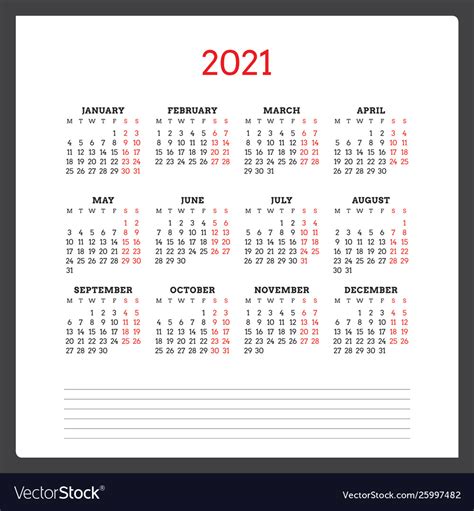List of uk week numbers 2021 with start date and the end date of each week. Calendar for 2021 year week starts on monday Vector Image