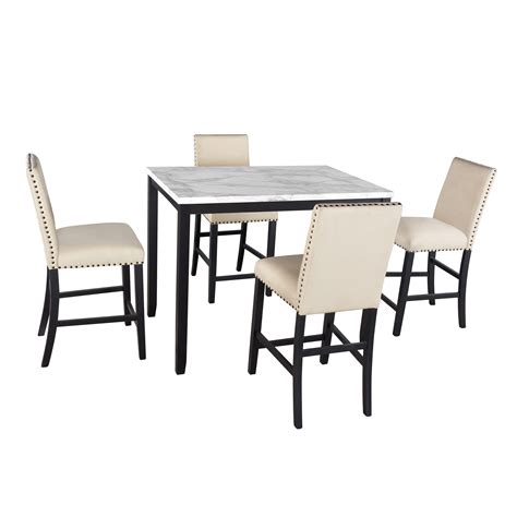 Counter Height Faux Marble Modern Dining Set Of 5 With Matching Chairs