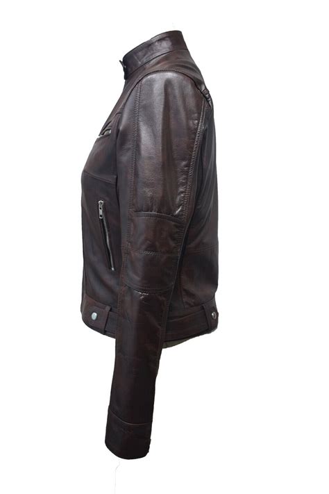 Womens Genuine Leather Motorcycle Slim Fit Bomber Biker Jacket Dark