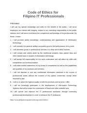 Code Of Ethics For Filipino It Professionals Docx Code Of Ethics For Filipino It Professionals