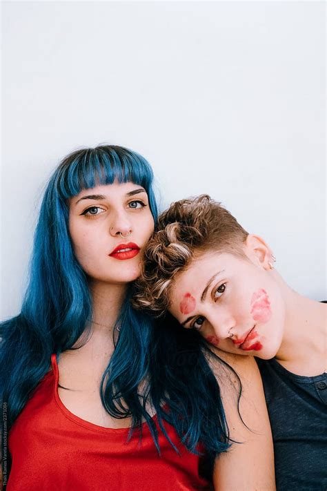 A Couple Of Lesbians In Bed Leave Lipstick Marks On Their Faces Stocksy United Lipstick Smudge
