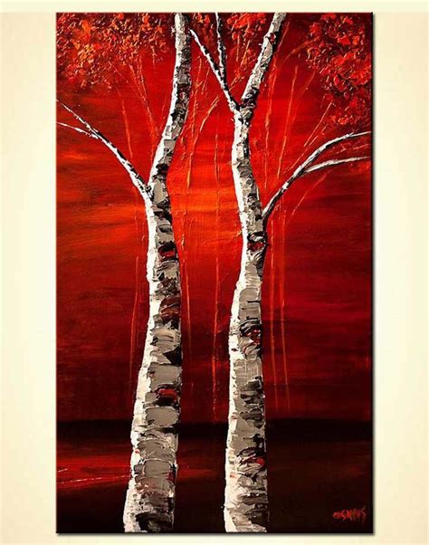 Textured Painting Birch Trees Vertical Red Birch Trees Painting Red