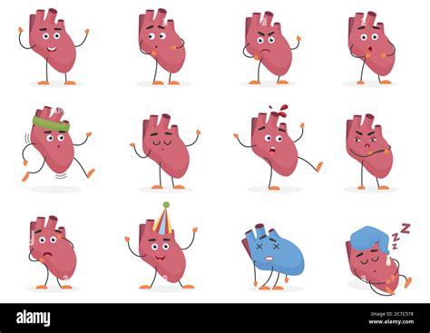 Cute Cartoon Human Heart Internal Organ Emotions And Poses Set Vector