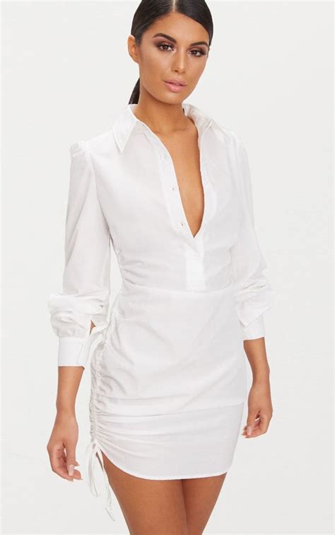 Ruched Side Fitted Shirt Dress White Shirt Dress Short Dresses