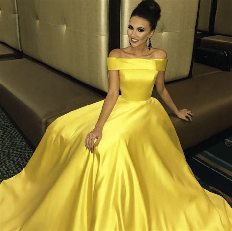 Charming A Line Off Shoulder Yellow Satin Prom Evening Dress On Luulla