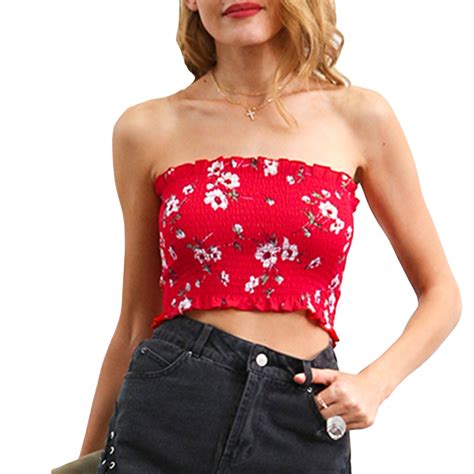 3colors Sexy Women Strapless Tube Top Crop Tops Flower Printing Blusa