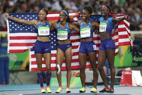 the united states team from left allyson felix english gardner tianna bartoletta and tori