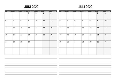 Kalender Für Juni Juli 2022 Kalendersu