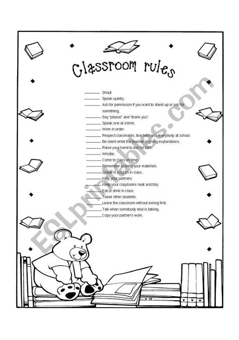 This classroom management resource will help you consider the classroom rules you establish to govern student behavior and the classroom procedures students will need follow. classroom rules - ESL worksheet by cacucacu