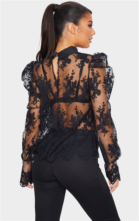 black sheer lace pussy bow blouse tops prettylittlething qa