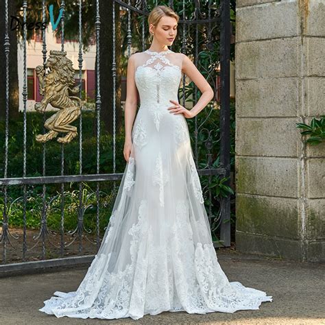 dressv appliques lace scoop neck wedding dress sleeveless court train zipper up bridal outdoor