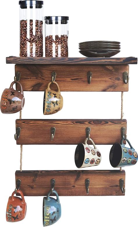 12 Hooks Coffee Cup Holder Solid Wood Mug Rack With Shelf Coffee Bar
