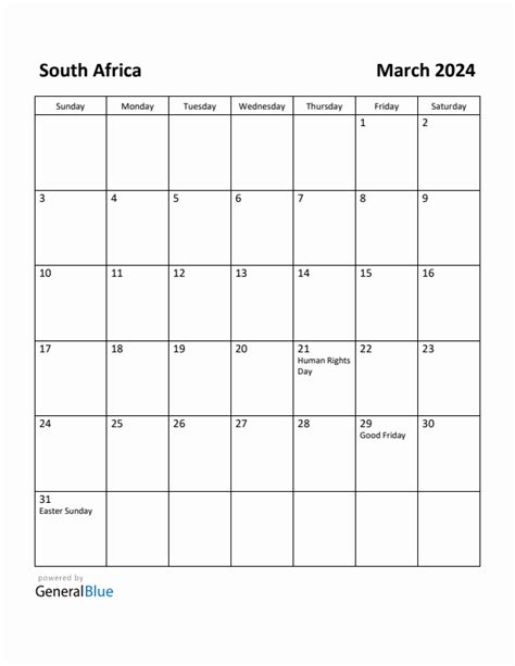 March 2024 Monthly Calendar With South Africa Holidays