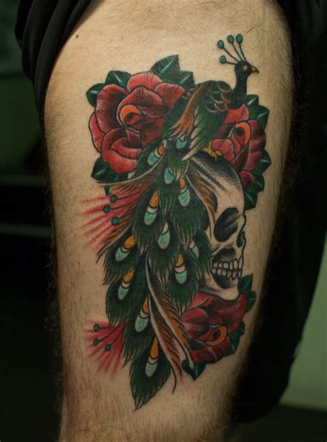 Skull And Outline Rose Flowers Thigh Tattoo