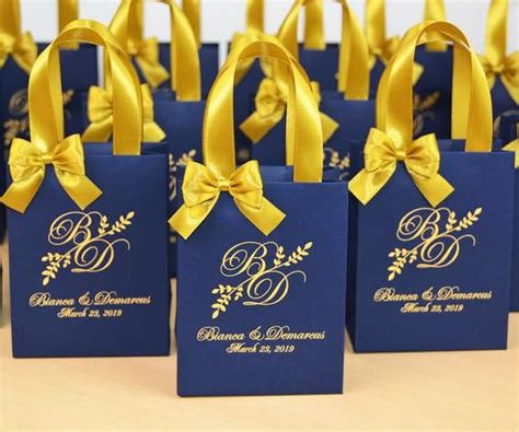 25 Gold And Navy Blue Wedding Welcome Bags With Satin Ribbon Handles Bow
