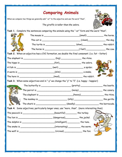 Comparatives and superlatives free esl printable grammar worksheets, eal exercises, efl questions, tefl handouts, esol quizzes, multiple choice tests, elt a fun esl printable grammar exercise worksheet for kids to study and practise comparative and superlative forms of adjectives. Comparatives -Comparing Animals- worksheet